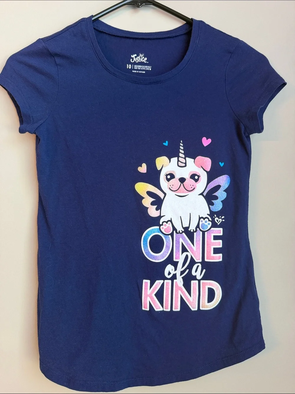 Justice Navy Tee with Colorful Unicorn Puppy Graphic Girls Size 10